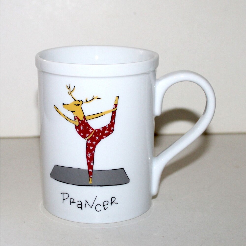 Pottery Barn coffee tea Mug Reindeer Prancer yoga white porcelain Christmas
